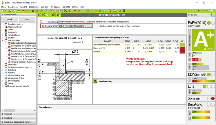 EVEBI - Wärmebrücken Pro: Dialog - Detail Wärmebrücke gem. Gleichwertigkeistnachweis DIN  4108 Bbl. 2