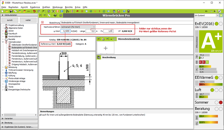 EVEBI - Wärmebrücken Pro: Dialog - Detail Wärmebrücke gem. Rechnerischer Gleichwertigkeistnachweis DIN  4108 Bbl. 2