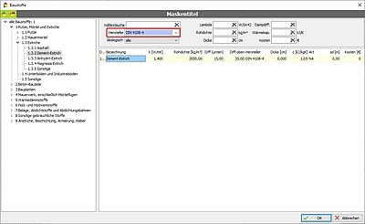 Dialog: Baustoff, Auswahl DIN 4108-4