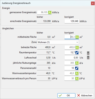 Dialog Justierung Verbrauch