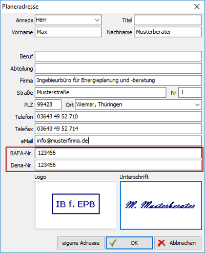 Planeradresse - Eingabe der Adressdaten