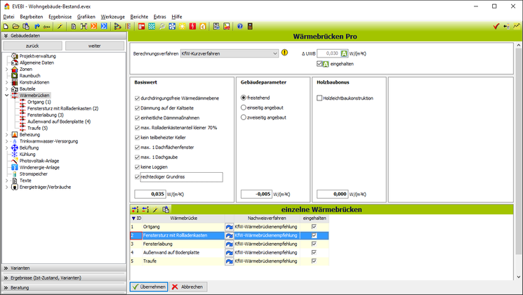 EVEBI Energieberatersoftware - Wärmebrückenberechnung - Gleichwertigkeitsnachweis und KfW-Kurzverfahren