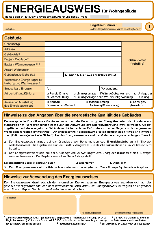 Muster Energieausweis für Wohngebäude