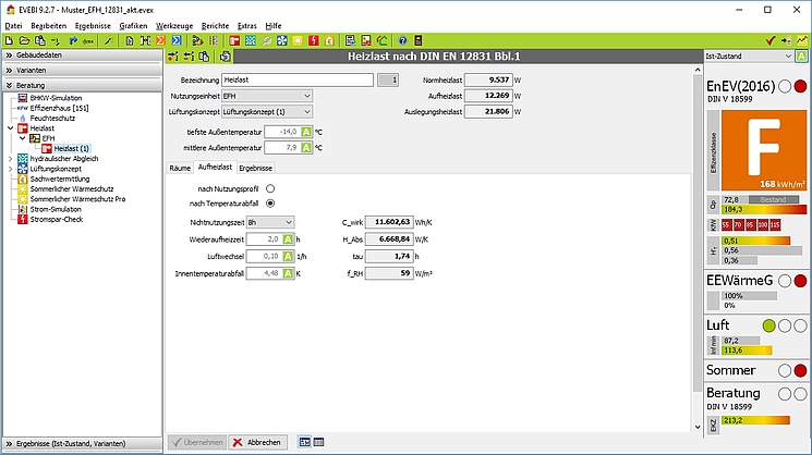 EVEBI Energieberatersoftware - Heizlastberechnung nach DIN EN 12831 - Aufheizlast