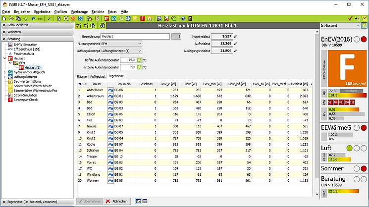 EVEBI Energieberatersoftware - Heizlastberechnung nach DIN EN 12831 - Ergebnisse