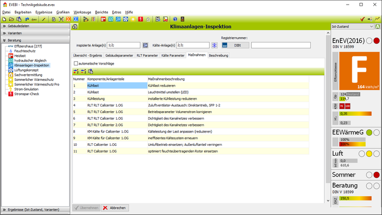 EVEBI Energieberatersoftware - Klimaanlageninpektion - Maßnahmen