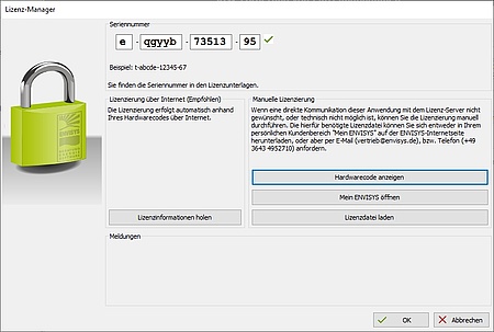 Lizenzmanager: Aufruf über Menü Hilfe, Lizenzierung