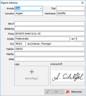 Dialog: Eigene Adresse eingeben